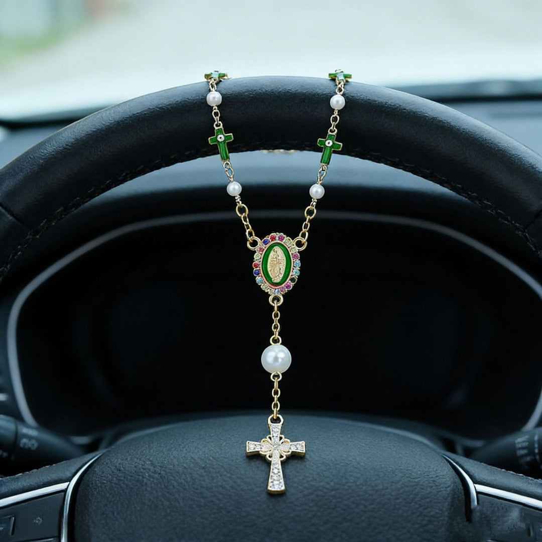 Christianartworkshop Ciondolo per auto con icona della Vergine Maria, croce e perla: simbolo di viaggi sicuri e di fede. - Verde - image 7