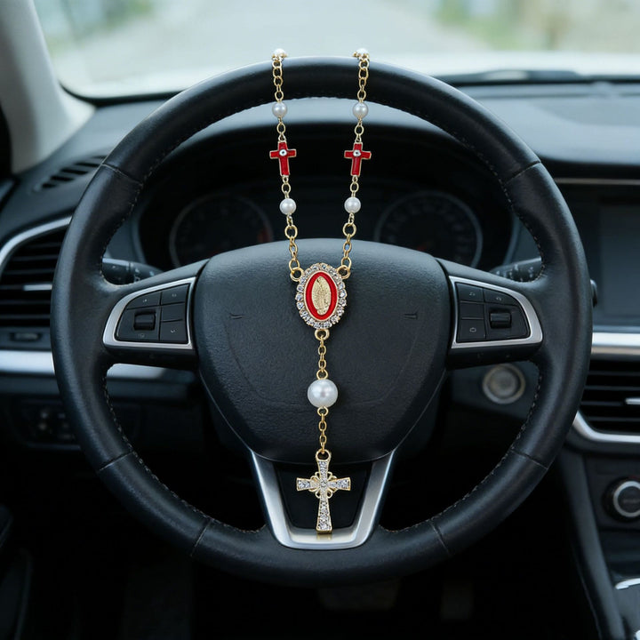 Christianartworkshop Ciondolo per auto con icona della Vergine Maria, croce e perla: simbolo di viaggi sicuri e di fede. - Rosso - image 4