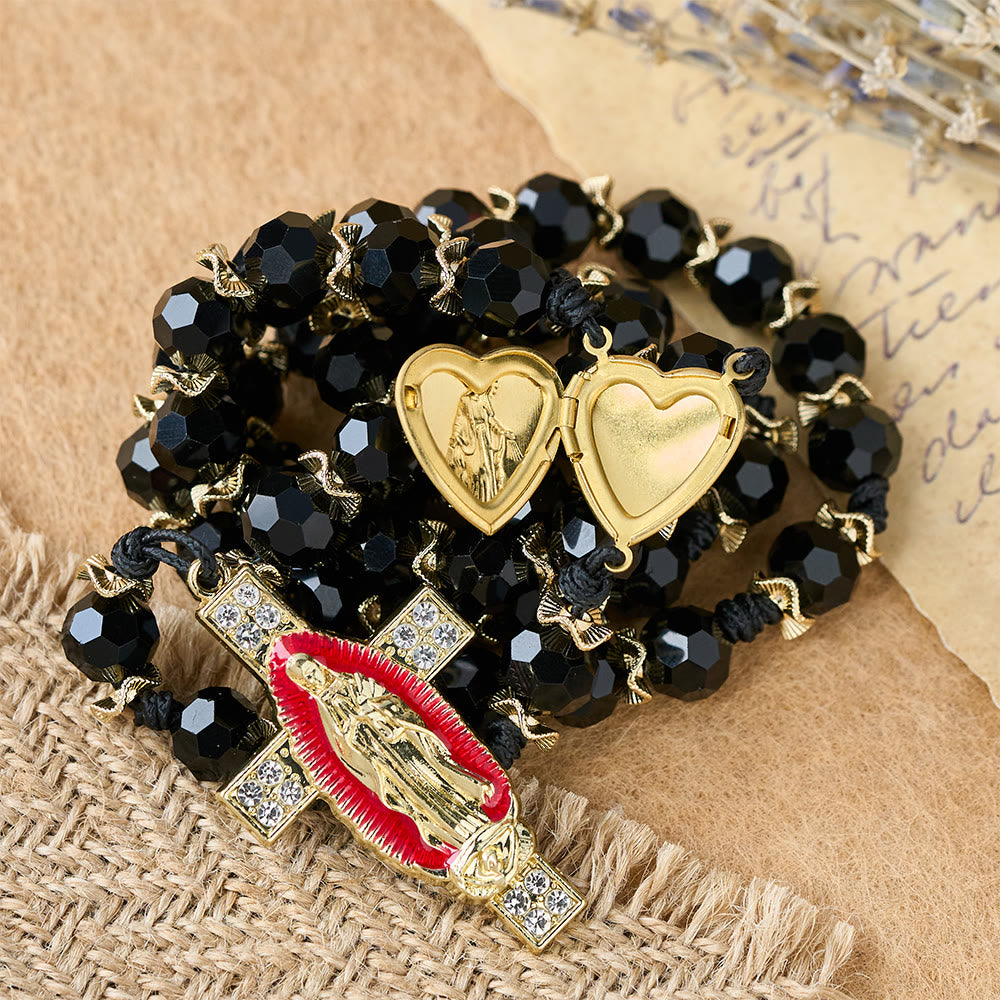 Christianartworkshop Elegante rosario in vetro sfaccettato nero con croce smaltata rossa della Madonna - image 1