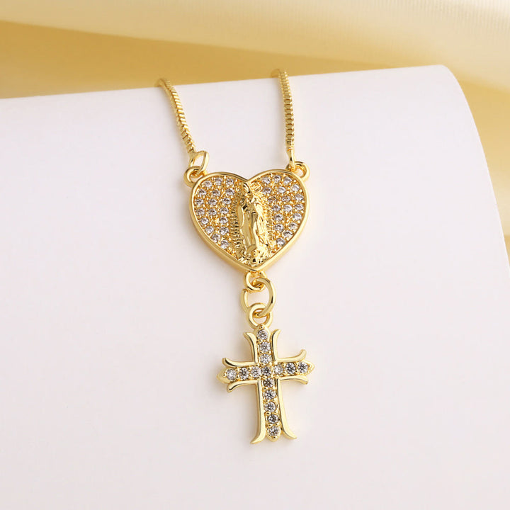 Christianartworkshop Collana con cuore e croce della Madonna e di San Benedetto tempestata di zirconi: la grazia divina da indossare tutti i giorni. - Nostra Signora (A) - image 0