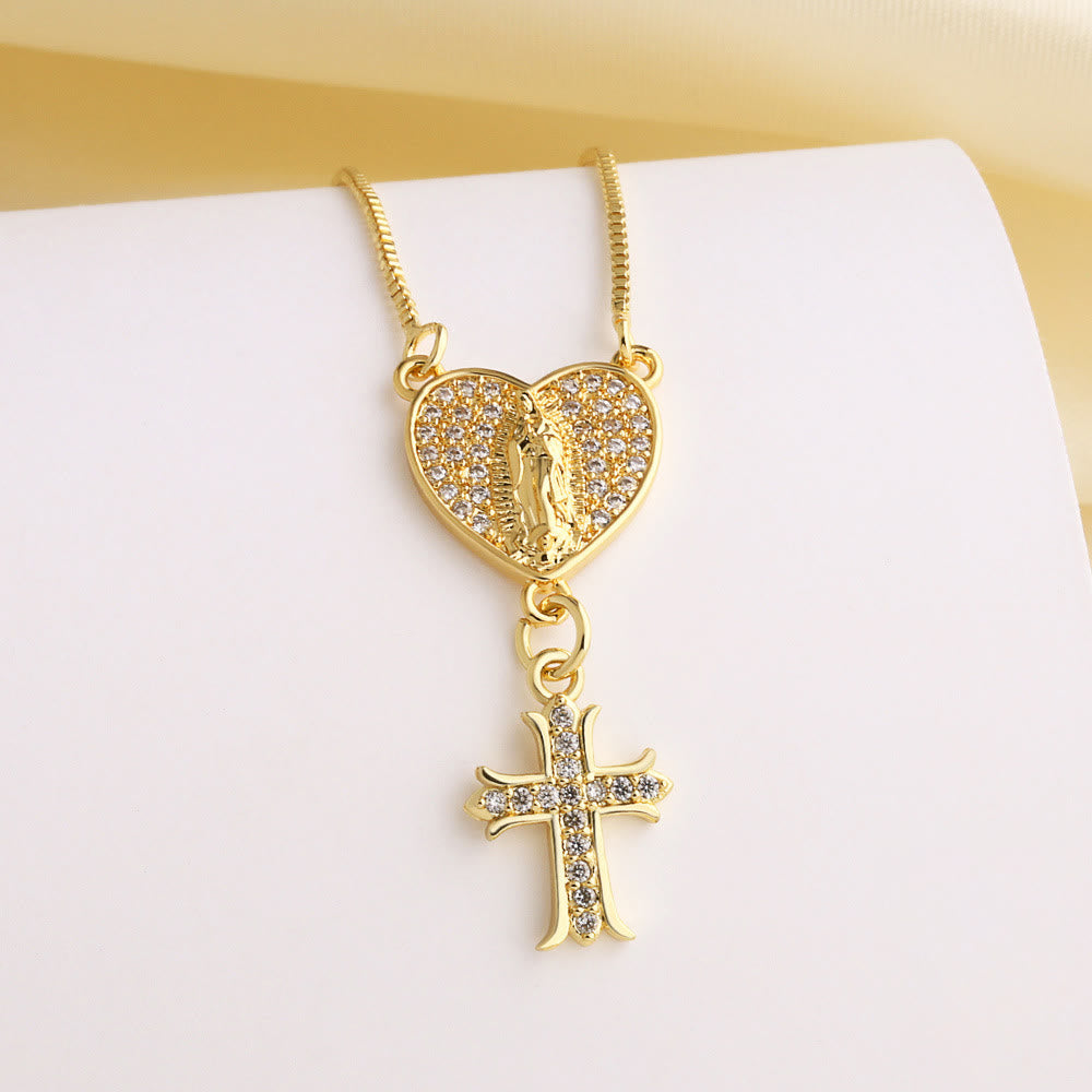 Collana con cuore e croce della Madonna e di San Benedetto tempestata di zirconi, realizzata Christianartworkshop : la grazia divina da indossare tutti i giorni. - Nostra Signora (A) - image 0