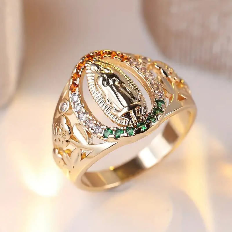 Christianartworkshop Anello della Madonna con zirconi e decorazione floreale: un elegante simbolo di fede incrollabile. - image 1