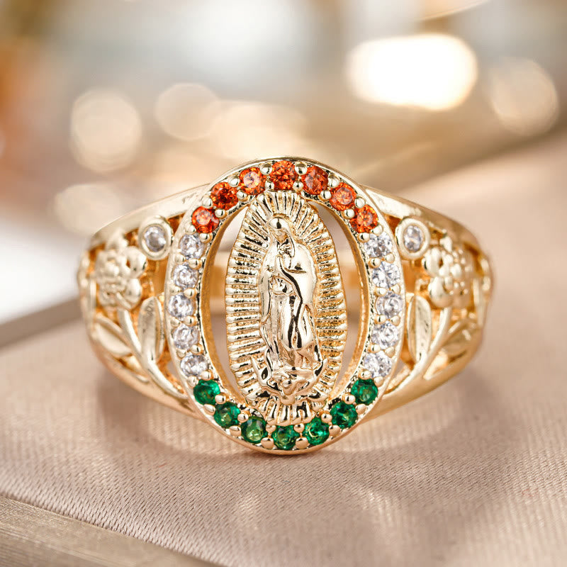 Christianartworkshop Anello della Madonna con zirconi e decorazione floreale: un elegante simbolo di fede incrollabile. - US 10 - image 0
