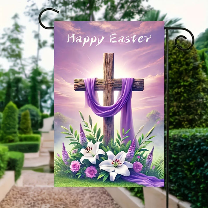Christianartworkshop BUONA PASQUA Bandiera da giardino in tessuto viola con croce: simbolo di speranza e nuova vita - 90×150 cm (3×5 piedi) - image 0