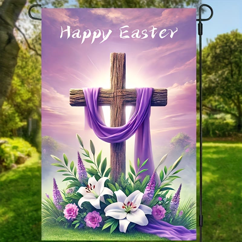 Christianartworkshop BUONA PASQUA Bandiera da giardino in tessuto viola con croce: simbolo di speranza e nuova vita - image 3