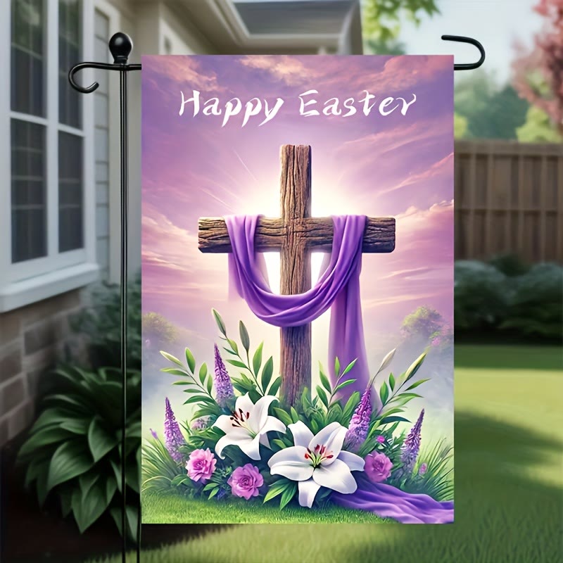 Christianartworkshop BUONA PASQUA Bandiera da giardino in tessuto viola con croce: simbolo di speranza e nuova vita - image 1