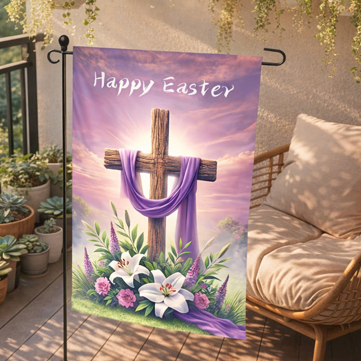 Christianartworkshop Bandiera da giardino in tessuto viola con croce per Pasqua: simbolo di speranza e nuova vita - image 2
