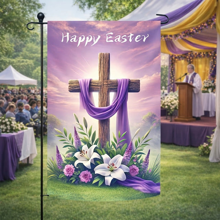 Christianartworkshop Bandiera da giardino in tessuto viola con croce per Pasqua: simbolo di speranza e nuova vita - image 1