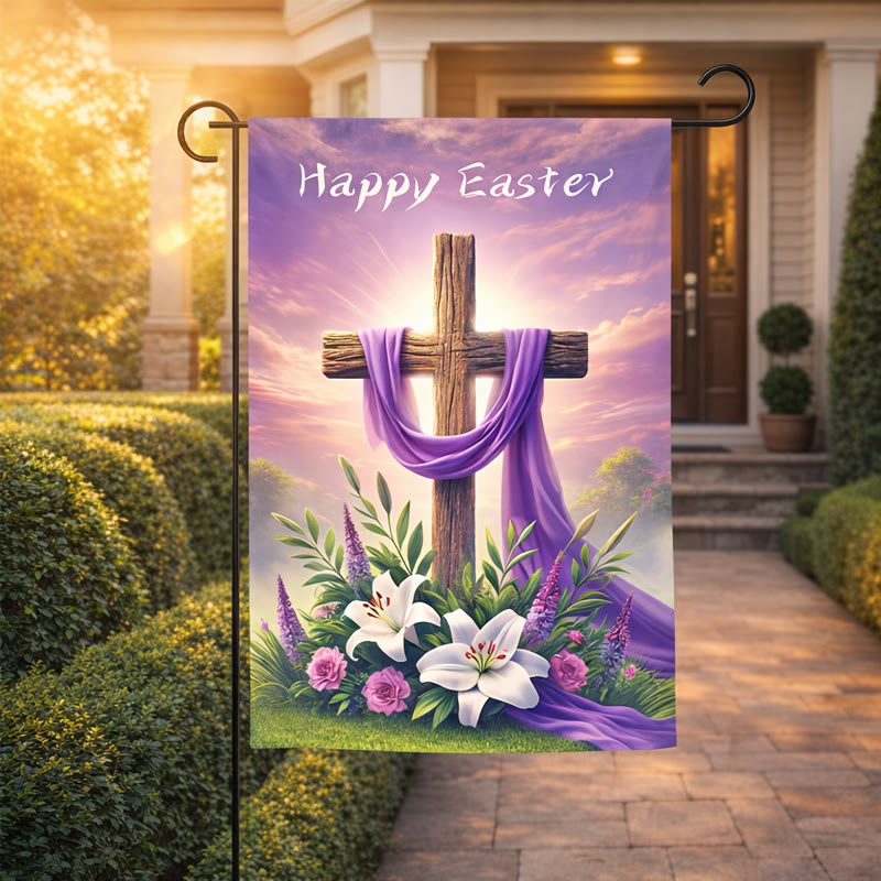 Christianartworkshop Bandiera da giardino in tessuto viola con croce per Pasqua: simbolo di speranza e nuova vita - image 3