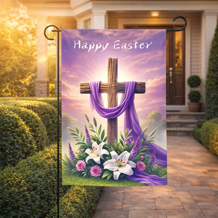 Christianartworkshop Bandiera da giardino in tessuto viola con croce per Pasqua: simbolo di speranza e nuova vita - image 3