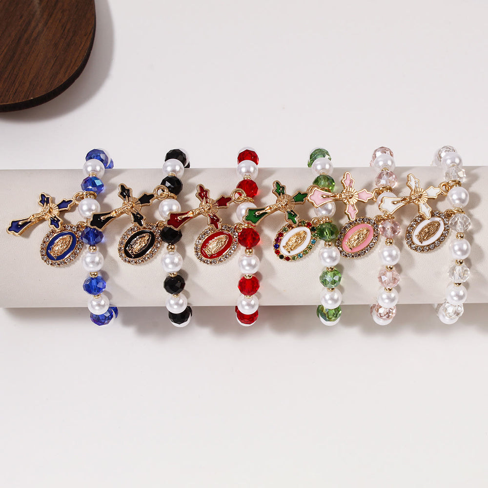 Christianartworkshop Bracciale con medaglione mariano e perline: decorazioni con la Madonna e ciondolo a croce smaltata - image 1