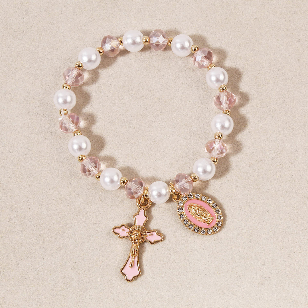 Christianartworkshop Bracciale con medaglione mariano e perline: decorazioni con la Madonna e ciondolo a croce smaltata - Rosa - image 4