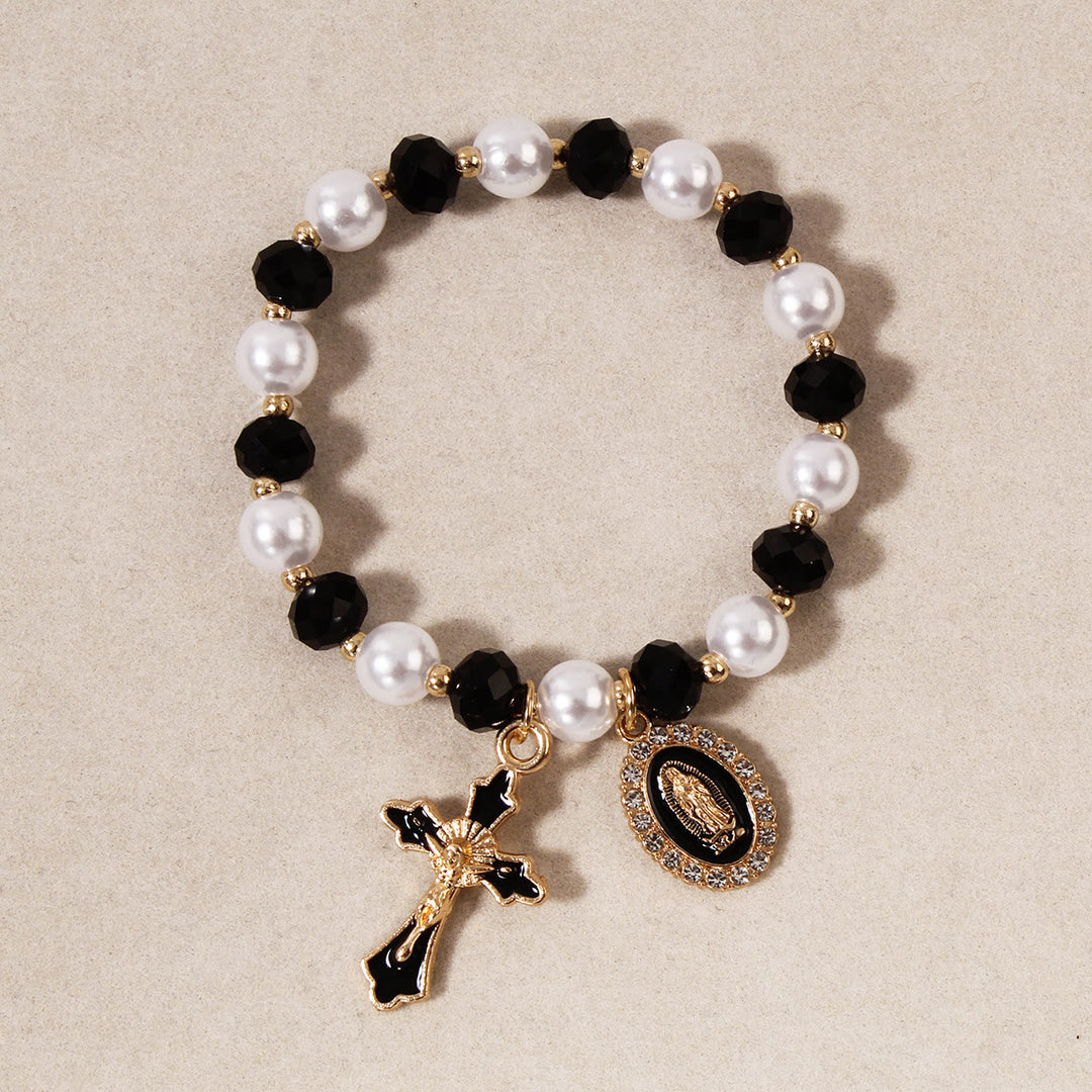 Christianartworkshop Bracciale con medaglione mariano e perline: decorazioni con la Madonna e ciondolo a croce smaltata - Nero - image 3
