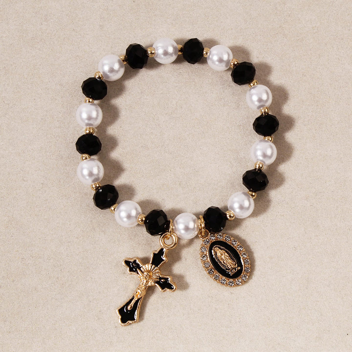 Christianartworkshop Bracciale con medaglione mariano e perline: decorazioni con la Madonna e ciondolo a croce smaltata - Nero - image 3