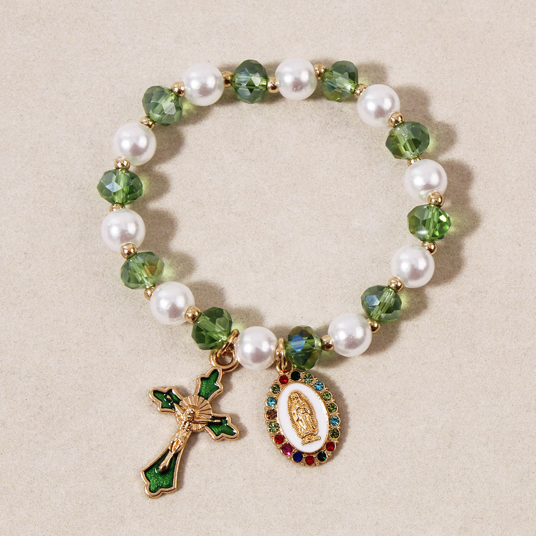 Christianartworkshop Bracciale con medaglione mariano e perline: decorazioni con la Madonna e ciondolo a croce smaltata - Verde - image 0