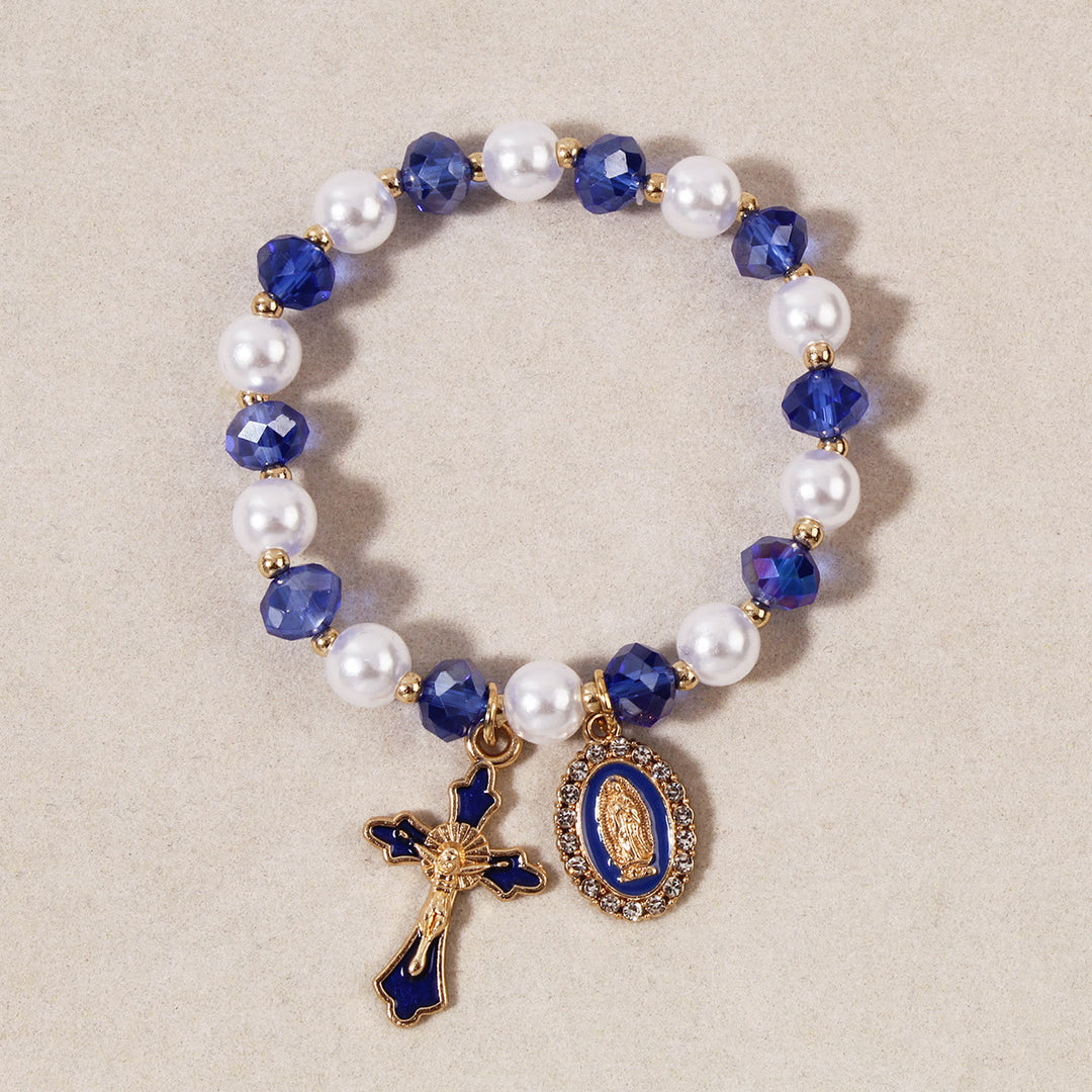 Christianartworkshop Bracciale con medaglione mariano e perline: decorazioni con la Madonna e ciondolo a croce smaltata - Blu - image 6