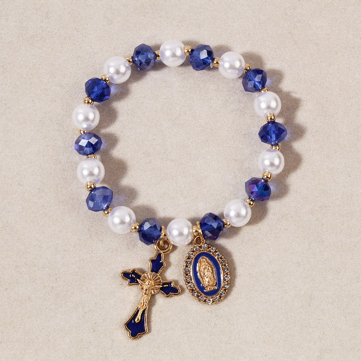 Christianartworkshop Bracciale con medaglione mariano e perline: decorazioni con la Madonna e ciondolo a croce smaltata - Blu - image 6