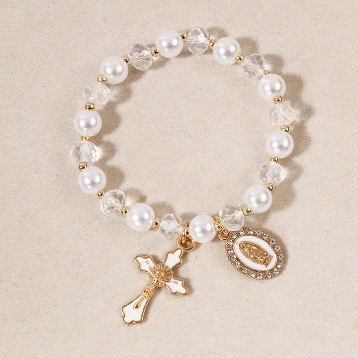 Christianartworkshop Bracciale con medaglione mariano e perline: decorazioni con la Madonna e ciondolo a croce smaltata - Bianco - image 2