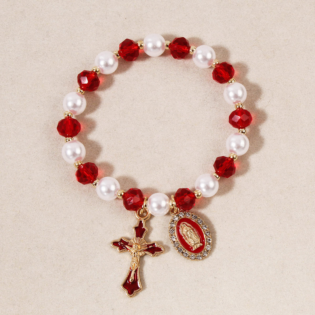 Christianartworkshop Bracciale con medaglione mariano e perline: decorazioni con la Madonna e ciondolo a croce smaltata - Rosso - image 5