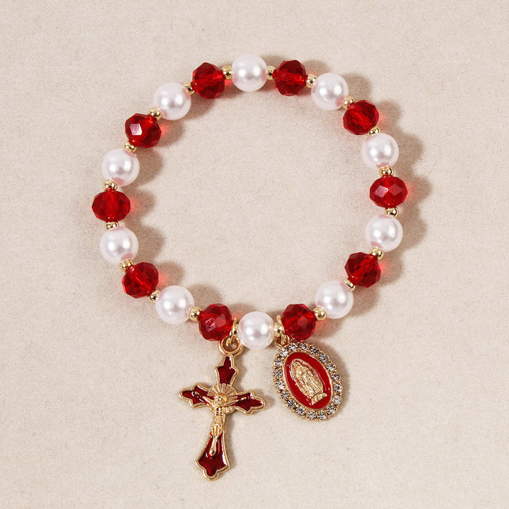 Christianartworkshop Bracciale con medaglione mariano e perline: decorazioni con la Madonna e ciondolo a croce smaltata - Rosso - image 5