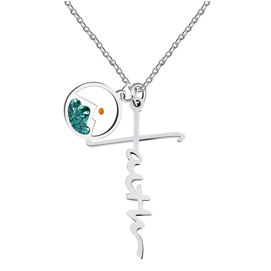 Christianartworkshop Collana con croce e semi di senape con scritta "Faith": un simbolo di fede incrollabile. - Argento + Verde - image 0