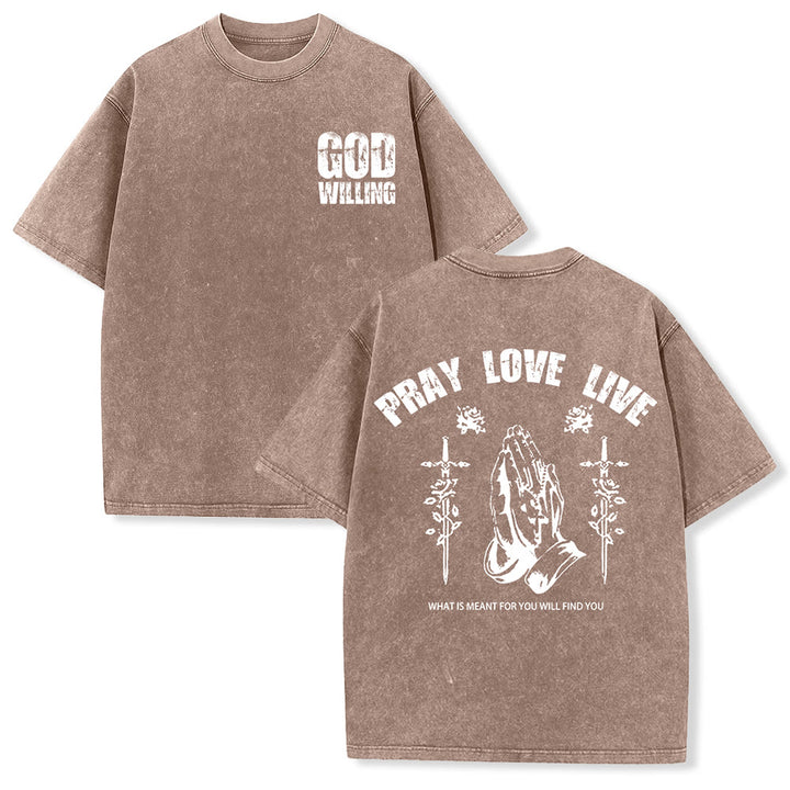 Christianartworkshop Maglietta unisex lavata "God Willing Pray Love Live" - Marrone - 5XL - image 15