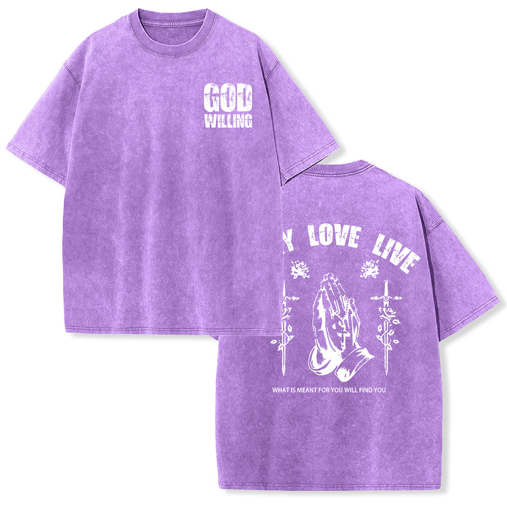 Christianartworkshop Maglietta unisex lavata "God Willing Pray Love Live" - Viola - 5XL - image 21