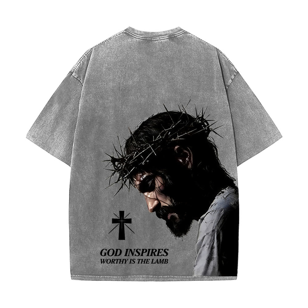 Christianartworkshop T-shirt unisex lavata con corona di spine e scritta "Gesù pieno di fede". - image 1