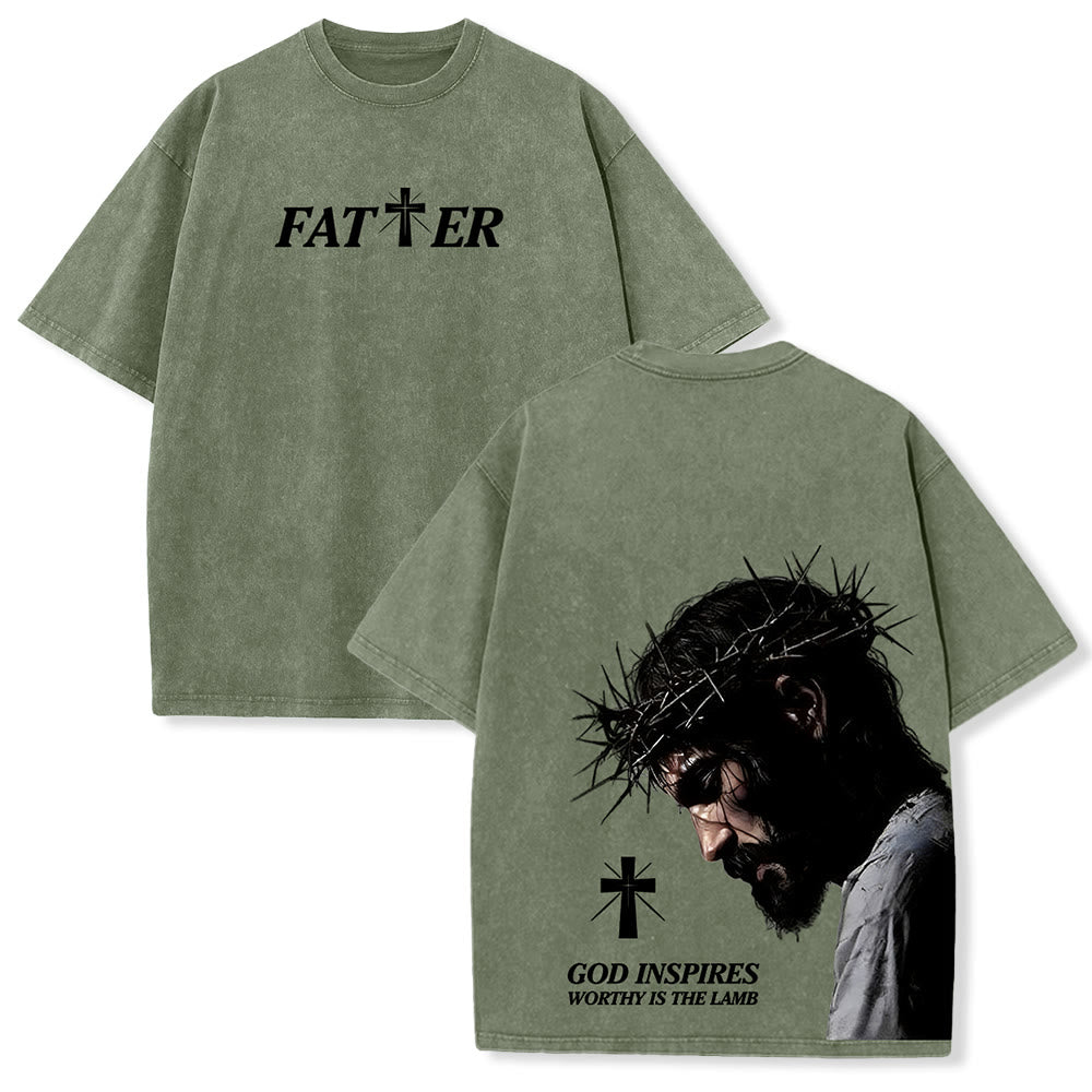 Christianartworkshop T-shirt unisex lavata con corona di spine e scritta "Gesù pieno di fede". - Verde militare - 5XL - image 9