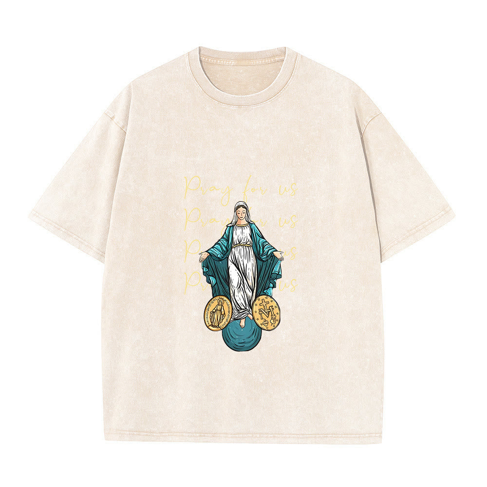 Christianartworkshop Maglietta unisex lavata con la scritta "Prega per noi, Vergine Maria" - Beige - 5XL - image 5