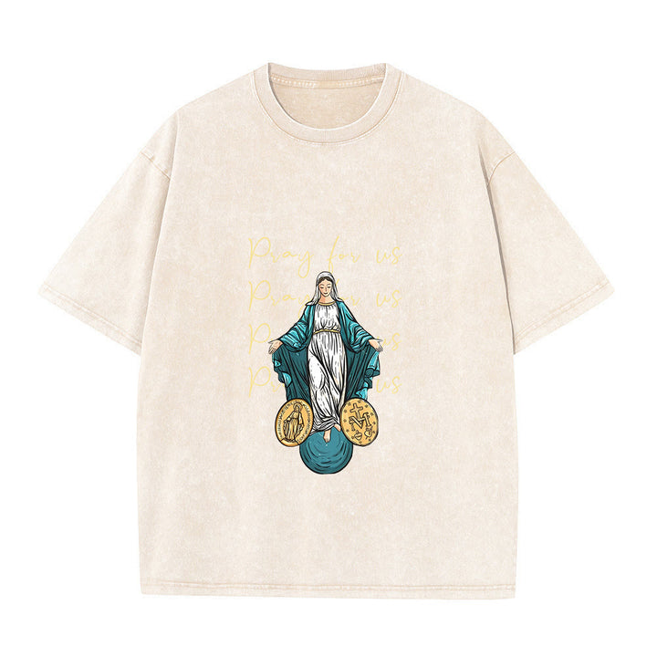 Christianartworkshop Maglietta unisex lavata con la scritta "Prega per noi, Vergine Maria" - Beige - 5XL - image 5