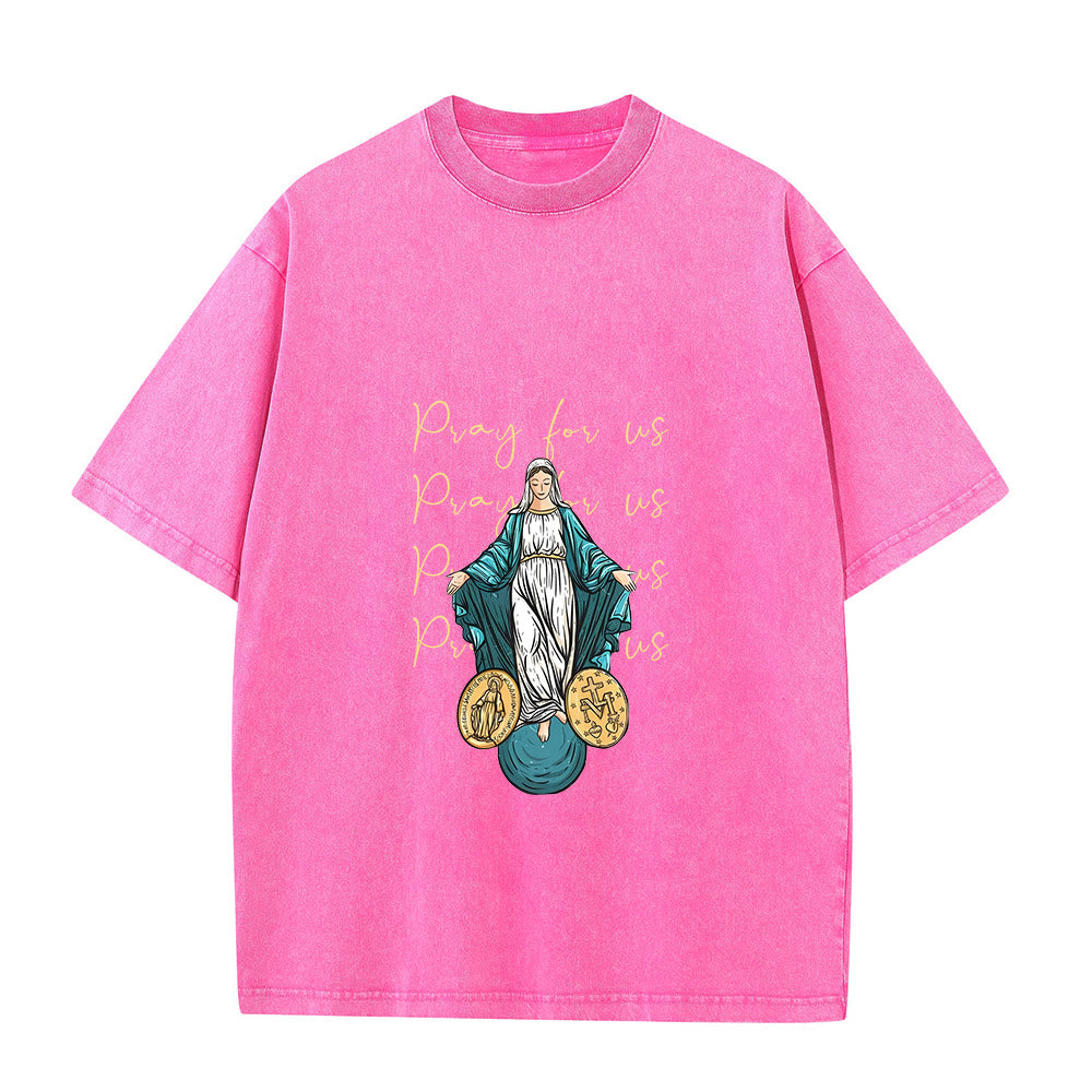 Christianartworkshop Maglietta unisex lavata con la scritta "Prega per noi, Vergine Maria" - Rosa - 5XL - image 8