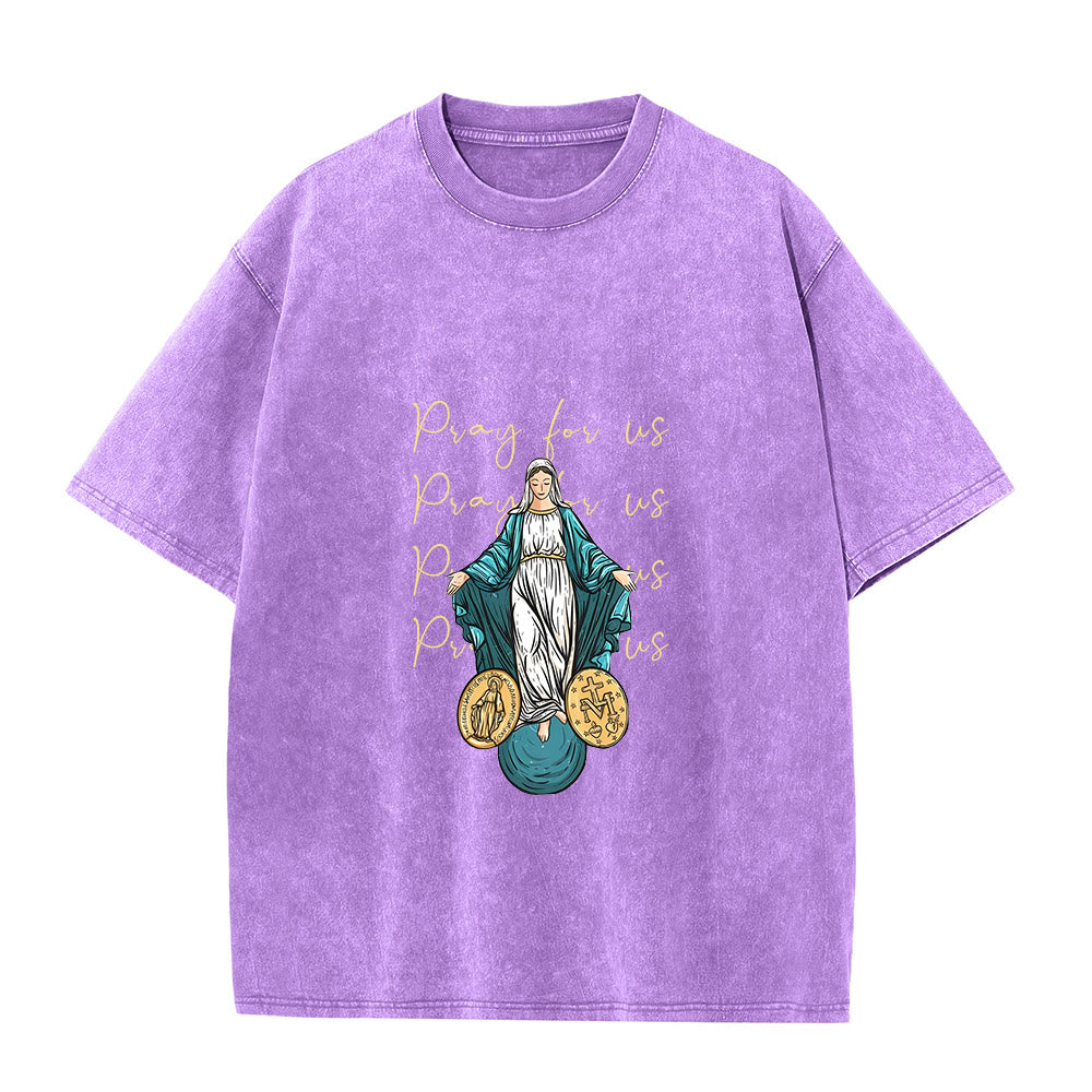 Christianartworkshop Maglietta unisex lavata con la scritta "Prega per noi, Vergine Maria" - Viola - 5XL - image 7