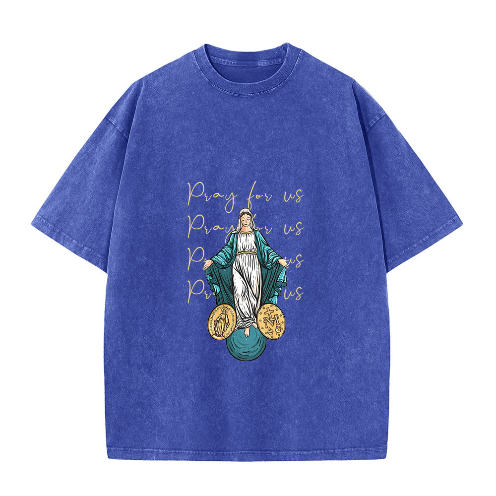 Christianartworkshop Maglietta unisex lavata con la scritta "Prega per noi, Vergine Maria" - Blu - 5XL - image 6