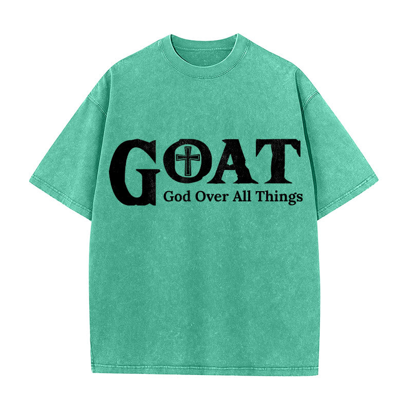 Christianartworkshop T-shirt unisex lavata con scritta "GOAT God Over All Things" (Capra, Dio sopra ogni cosa). - Verde - 5XL - image 2