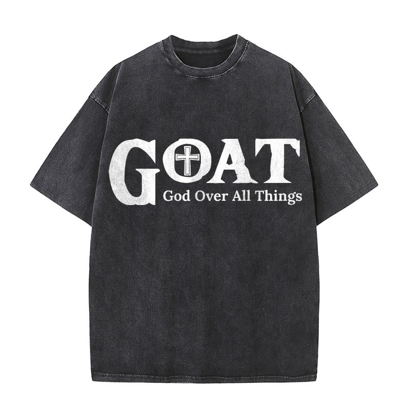 Christianartworkshop T-shirt unisex lavata con scritta "GOAT God Over All Things" (Capra, Dio sopra ogni cosa). - Nero - 5XL - image 0