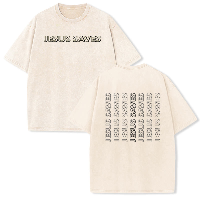 Christianartworkshop Maglietta unisex lavata con la scritta "Gesù salva" ripetuta. - Beige - 5XL - image 18