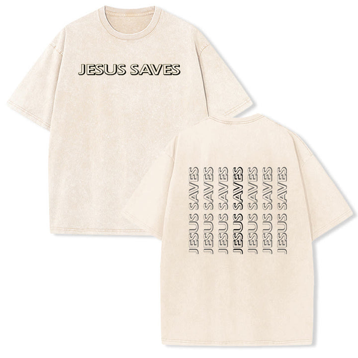 Christianartworkshop Maglietta unisex lavata con la scritta "Gesù salva" ripetuta. - Beige - 5XL - image 18