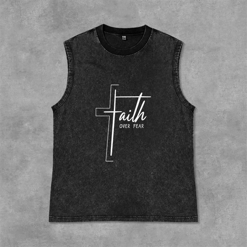 Christianartworkshop Canotta unisex lavata con scritta a mano "Faith Over Fear" (Fede contro la paura) - Nero - 2XL - image 3