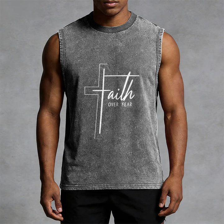 Christianartworkshop Canotta unisex lavata con scritta a mano "Faith Over Fear" (Fede contro la paura) - image 1