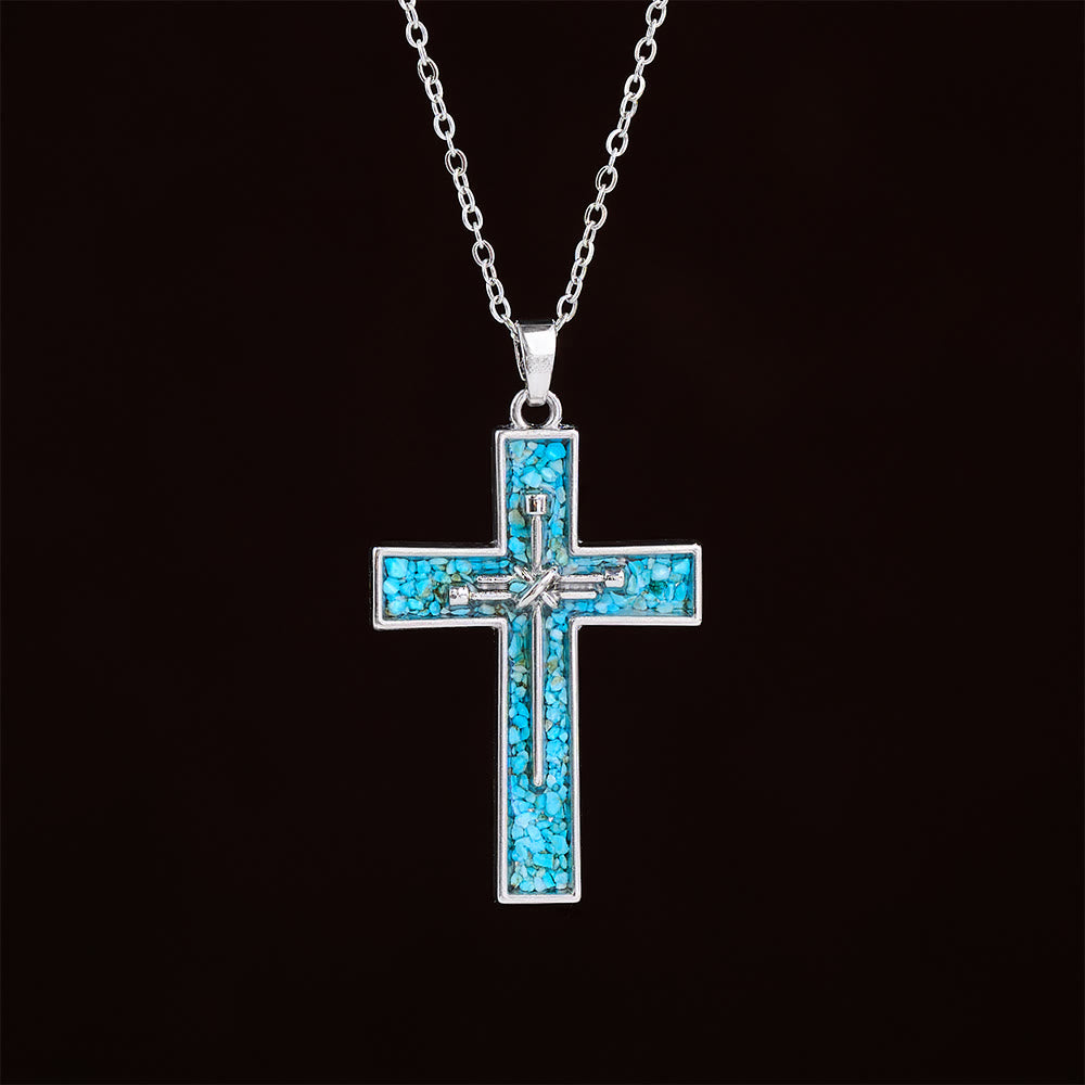 Christianartworkshop Collana con croce a chiodo e intarsio turchese: simbolo dell'amore sacrificale di Cristo - image 1