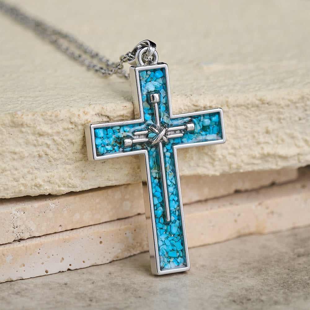 Christianartworkshop Collana con croce a chiodo e intarsio turchese: simbolo dell'amore sacrificale di Cristo - Blu - image 0