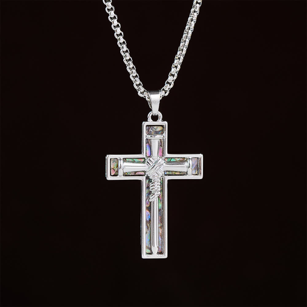 Christianartworkshop Collana con croce a chiodo e intarsio in conchiglia di abalone: ​​simbolo dell'amore sacrificale di Cristo - image 1