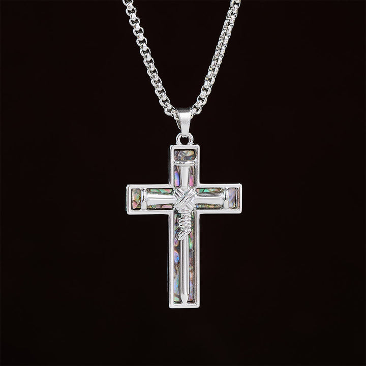 Christianartworkshop Collana con croce a chiodo e intarsio in conchiglia di abalone: ​​simbolo dell'amore sacrificale di Cristo - image 1