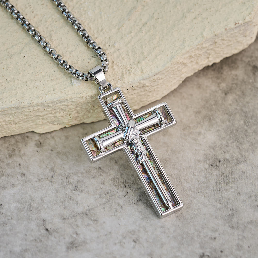 Christianartworkshop Collana con croce a chiodo e intarsio in conchiglia di abalone: ​​simbolo dell'amore sacrificale di Cristo - image 2