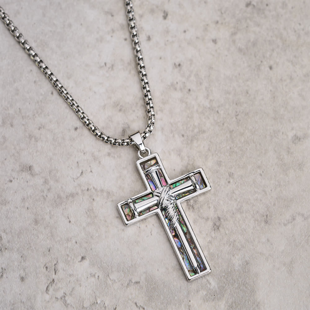 Christianartworkshop Collana con croce a chiodo e intarsio in conchiglia di abalone: ​​simbolo dell'amore sacrificale di Cristo - image 3