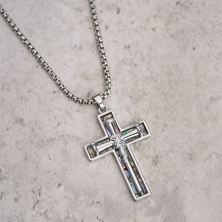 Christianartworkshop Collana con croce a chiodo e intarsio in conchiglia di abalone: ​​simbolo dell'amore sacrificale di Cristo - image 3