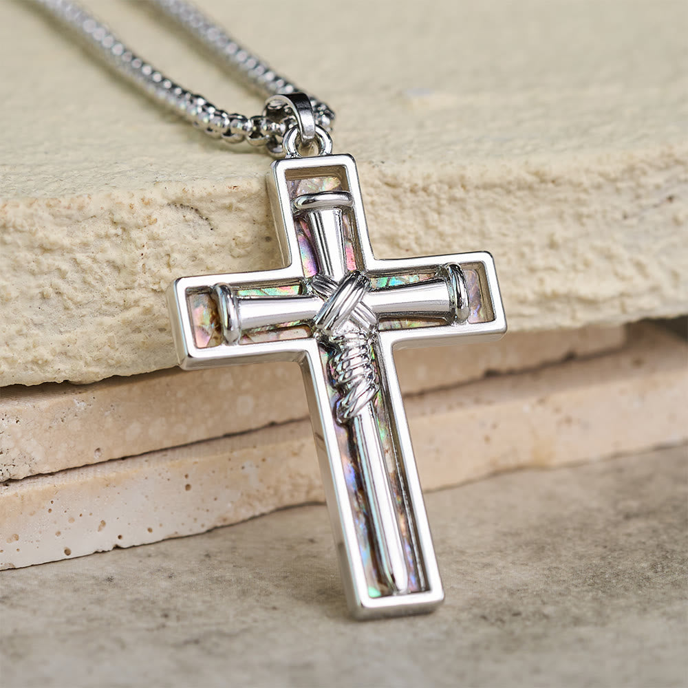 Christianartworkshop Collana con croce a chiodo e intarsio in conchiglia di abalone: ​​simbolo dell'amore sacrificale di Cristo - Bianco - image 0