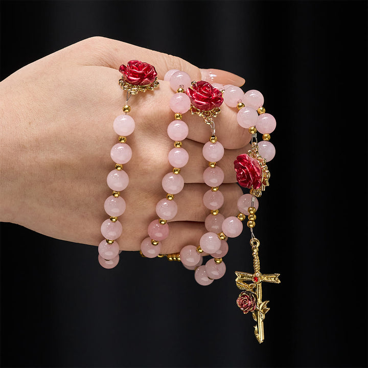 Christianartworkshop Rosario in quarzo rosa con rose smaltate: simbolo di fede e amore incrollabile. - image 1