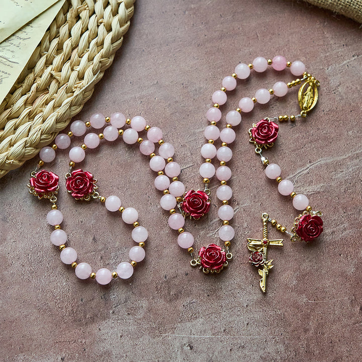 Christianartworkshop Rosario in quarzo rosa con rose smaltate: simbolo di fede e amore incrollabile. - Quarzo rosa - image 0